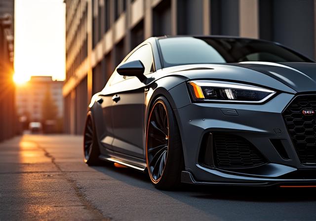 Verlaagde auto met premium velgen en carbon details